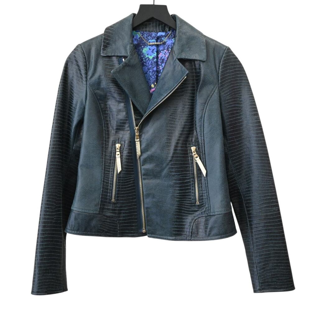 Elie Tahari Blue Leather Croc-Embossed Moto Jacket Size X-Small